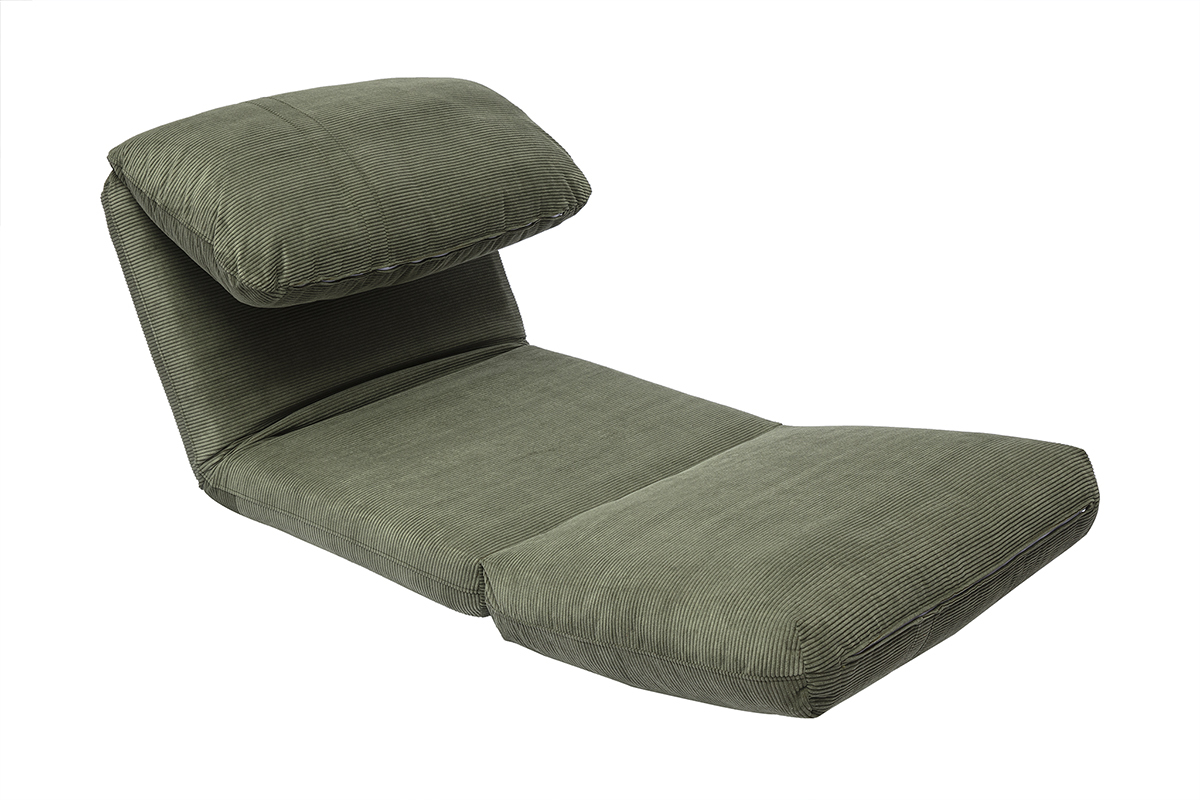 Chauffeuse 1 place en velours c�tel� vert kaki, vue de c�t�.