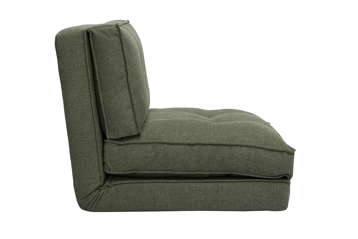 Chauffeuse convertible en tissu vert kaki, vue de c�t�.