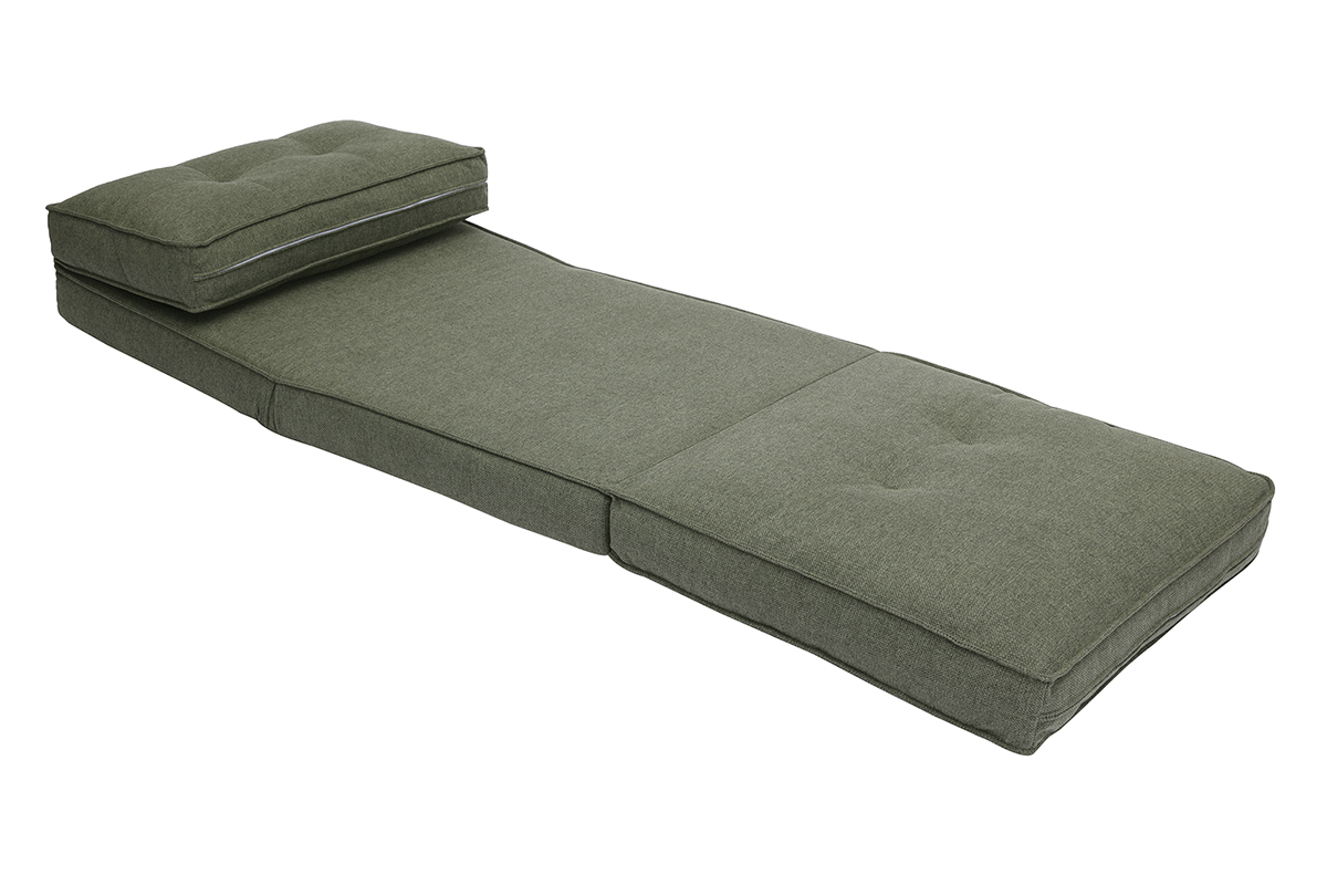 Chauffeuse convertible vert kaki SALLY d�pli�e en position lit.
