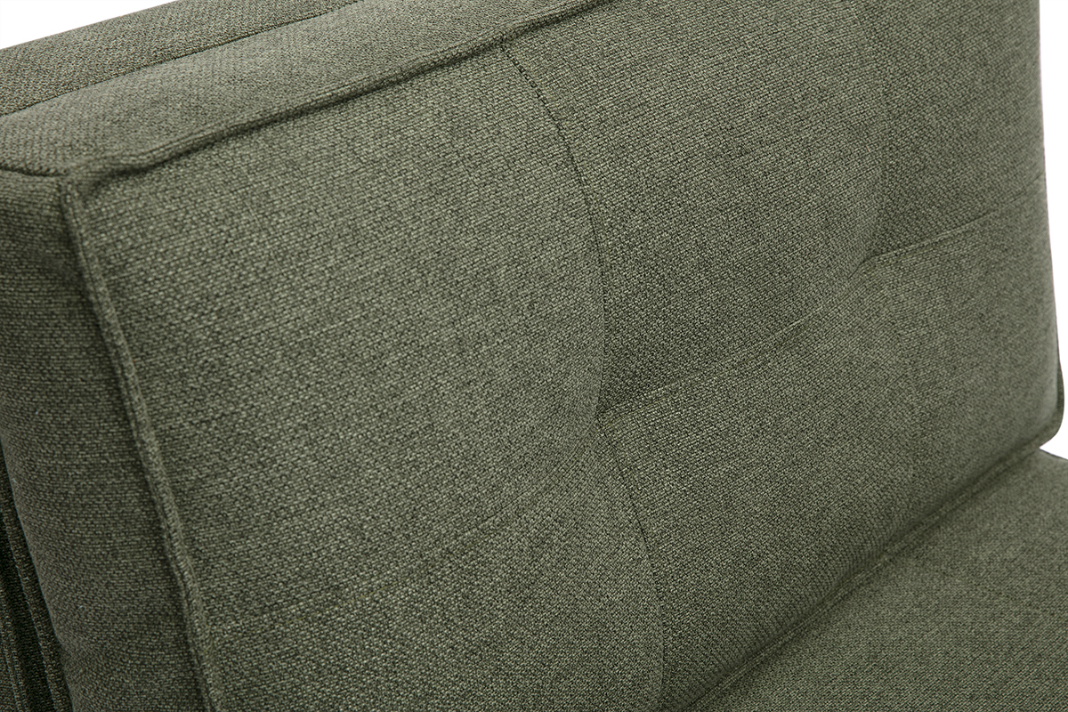 D�tail de la chauffeuse convertible en tissu vert kaki avec finition capitonn�e.