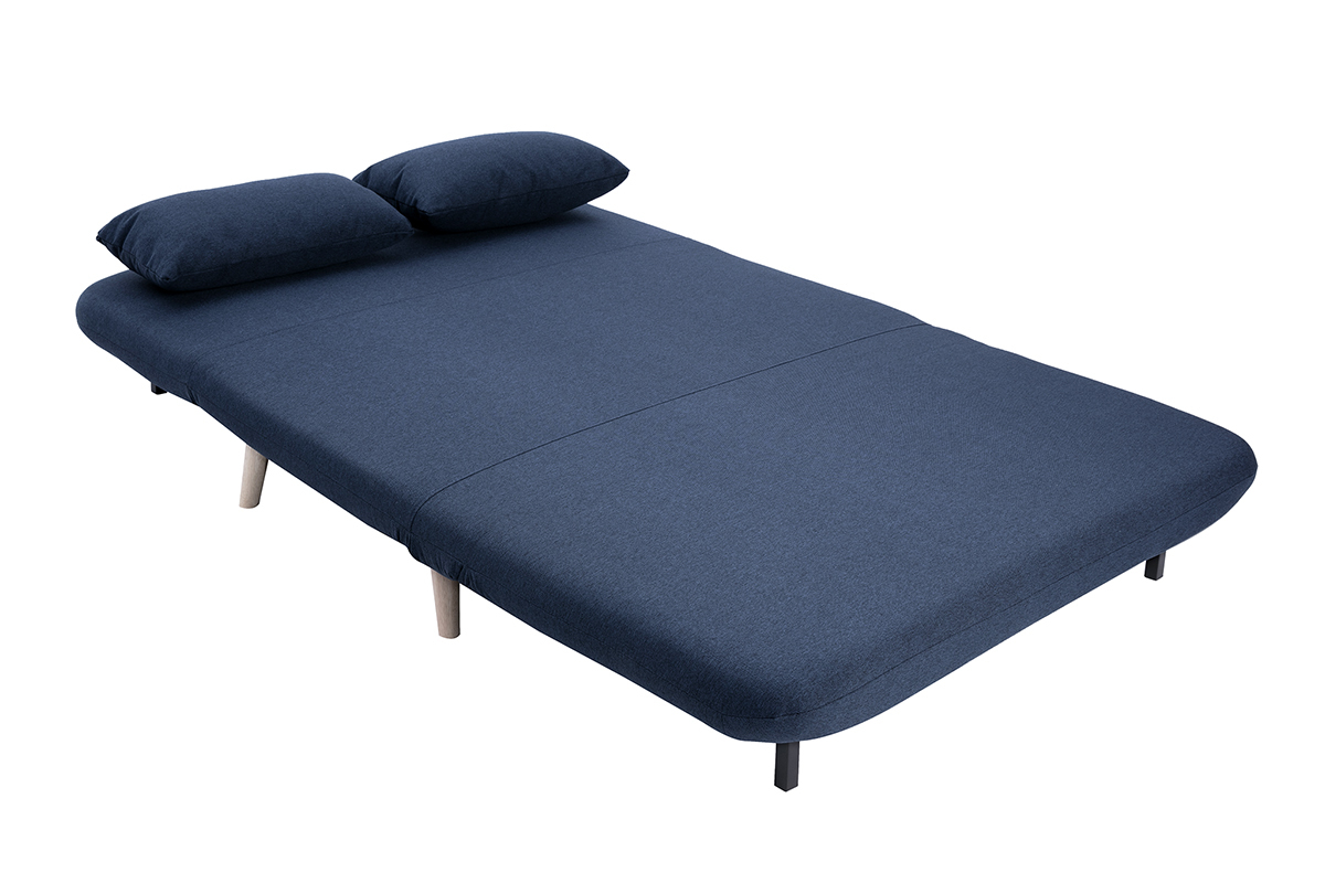 Chauffeuse convertible 2 places en tissu bleu fonc� et pieds en bois clair, vue de 3/4.