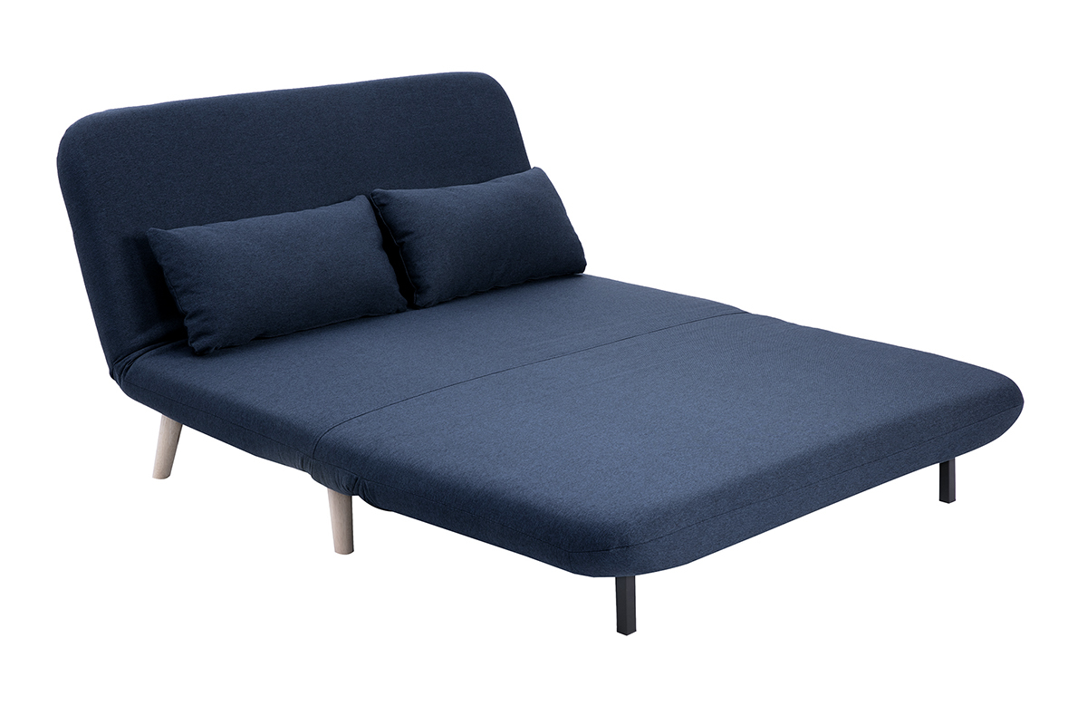 Chauffeuse 2 places convertible en tissu bleu fonc� et bois, vue de 3/4.