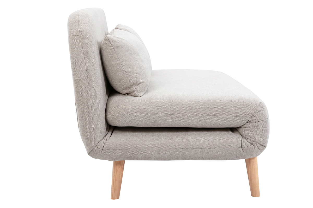 Chauffeuse 2 places convertible en tissu effet velours textur� beige et bois clair AMIKO