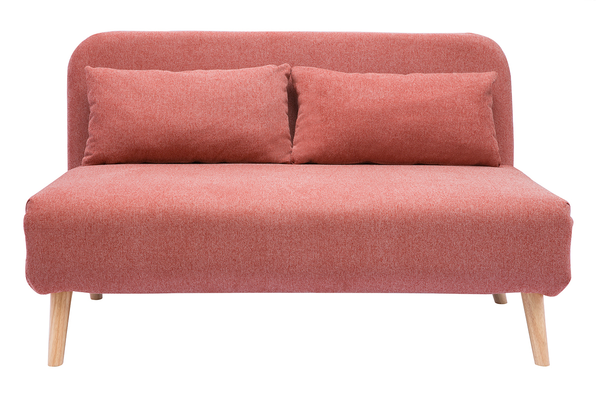 Chauffeuse 2 places convertible en tissu effet velours textur� terracotta et bois clair AMIKO