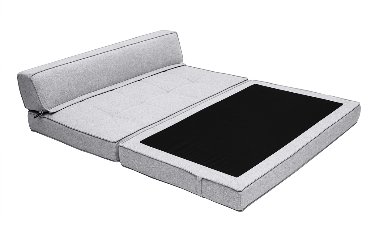 Chauffeuse 2 places convertible en tissu gris clair, d�pli�e, vue de dessus.