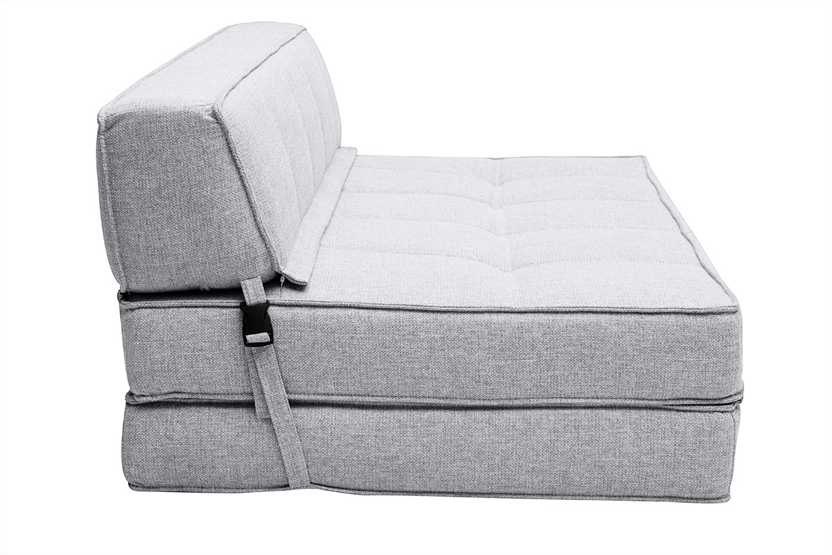 Chauffeuse 2 places convertible en tissu gris clair, vue de profil.