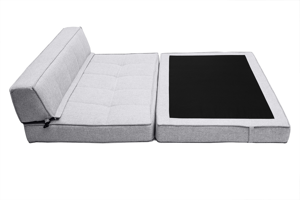 Chauffeuse 2 places en tissu gris clair KATY convertible, vue d�pli�e.