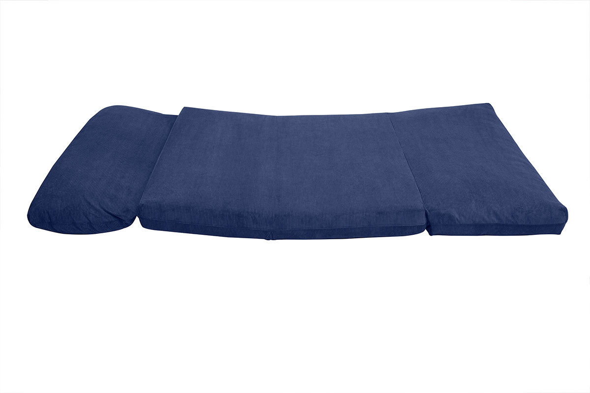 Chauffeuse convertible 2 places d�pli�e en velours c�tel� bleu fonc�.