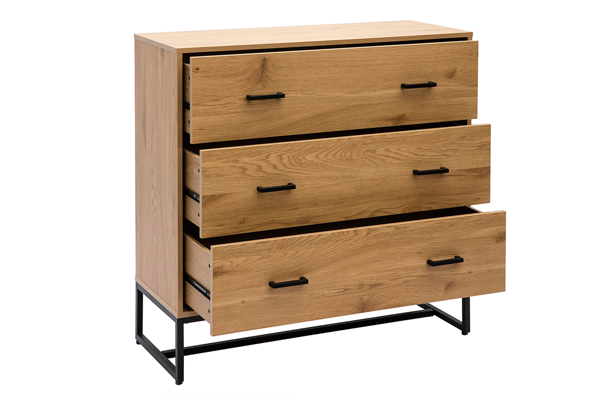Commode 3 tiroirs finition bois clair ch�ne et m�tal noir L100 cm LOVATO