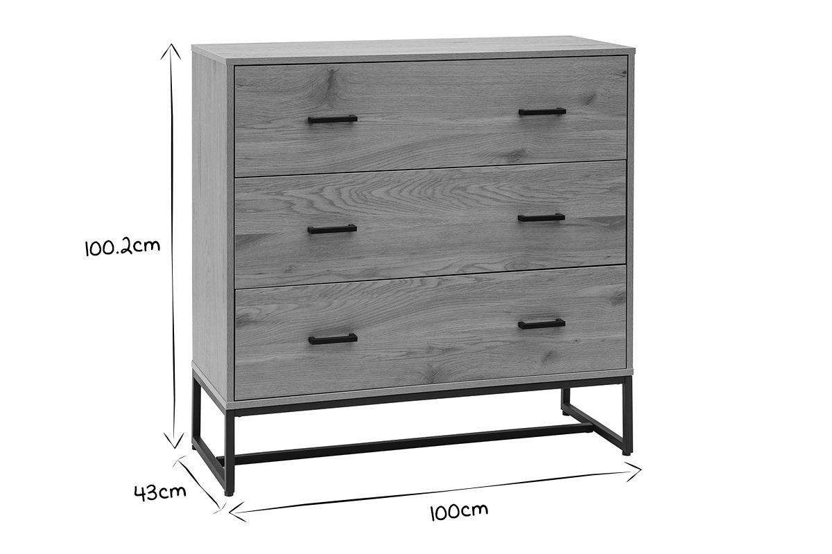 Commode 3 tiroirs finition bois clair ch�ne et m�tal noir L100 cm LOVATO