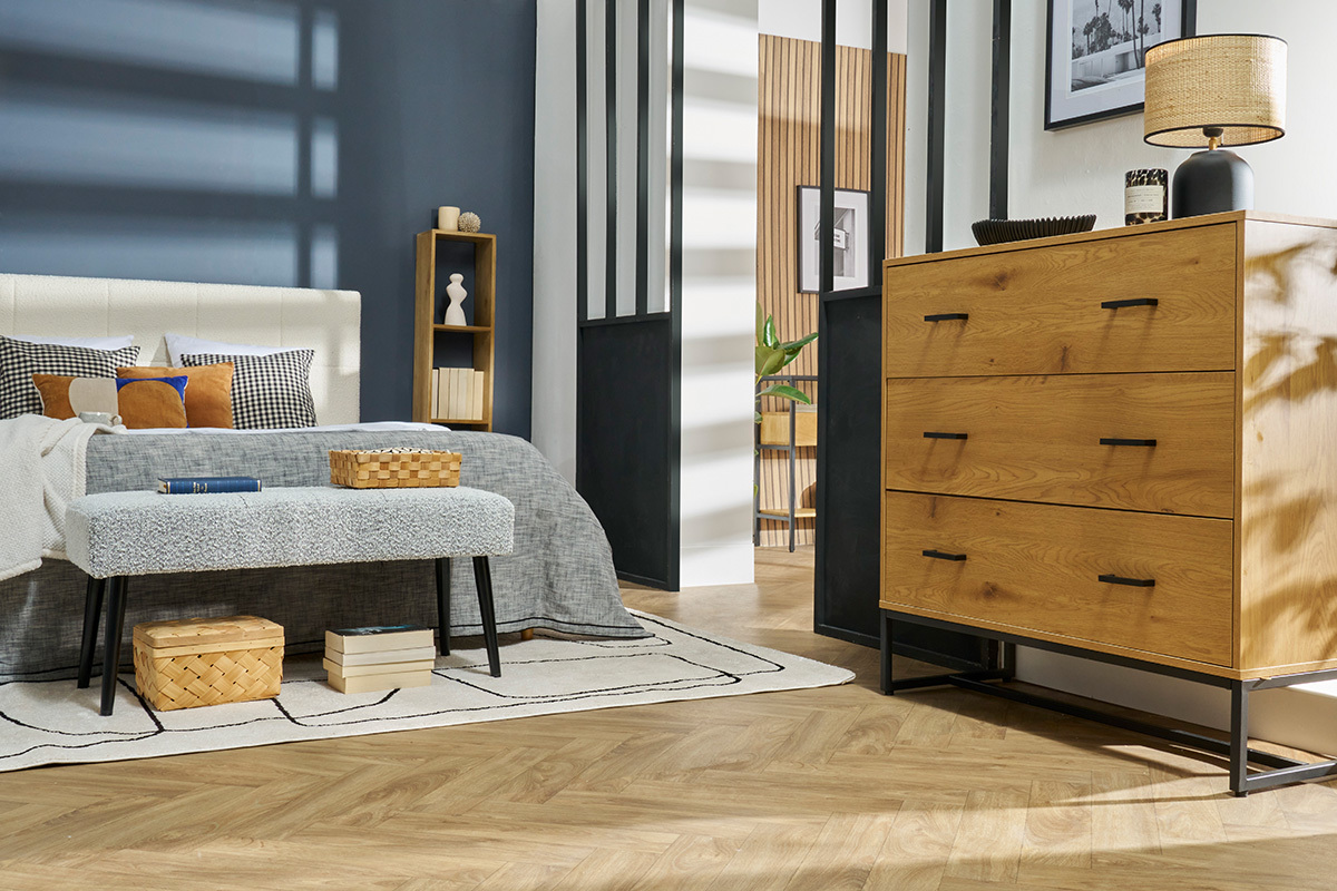 Commode 3 tiroirs finition bois clair ch�ne et m�tal noir L100 cm LOVATO
