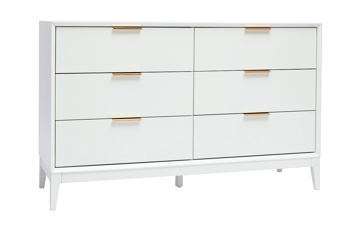 Commode blanche mat et m�tal dor� 6 tiroirs L120 cm GIANA