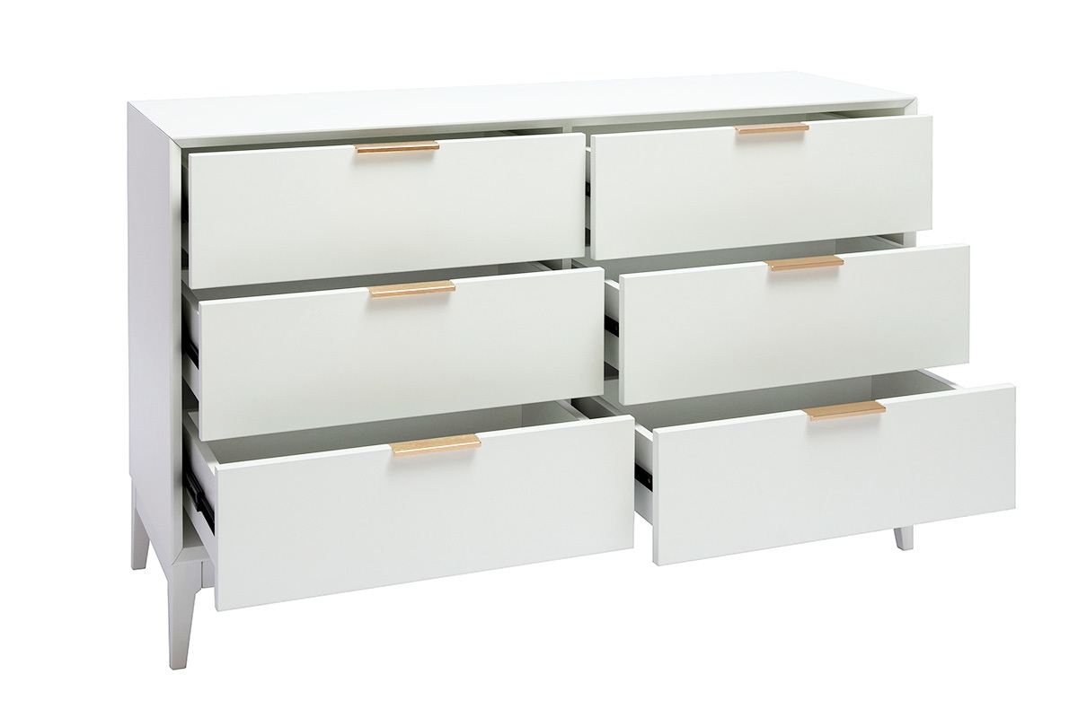 Commode blanche mat et m�tal dor� 6 tiroirs L120 cm GIANA