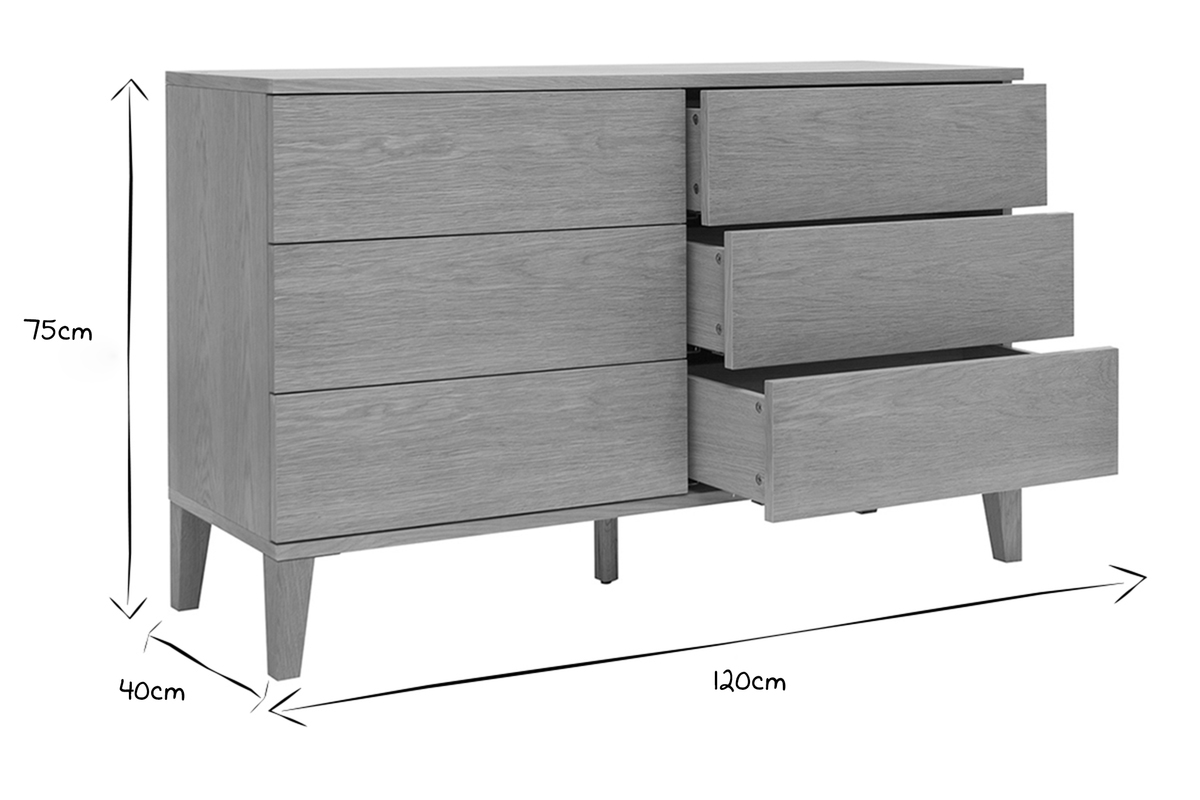 Commode en bois clair ch�ne 6 tiroirs L120 cm FREDDY