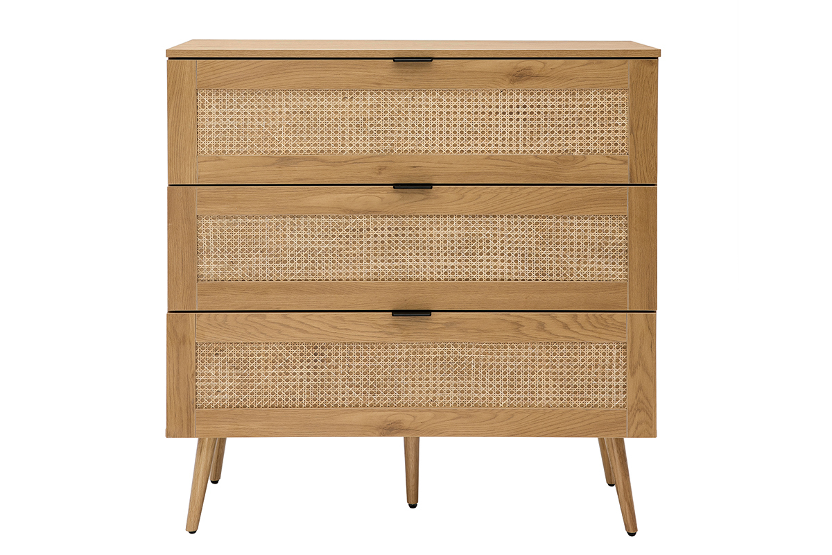 Commode finition bois clair, cannage en rotin et m�tal noir 3 tiroirs L100 cm MANILLE