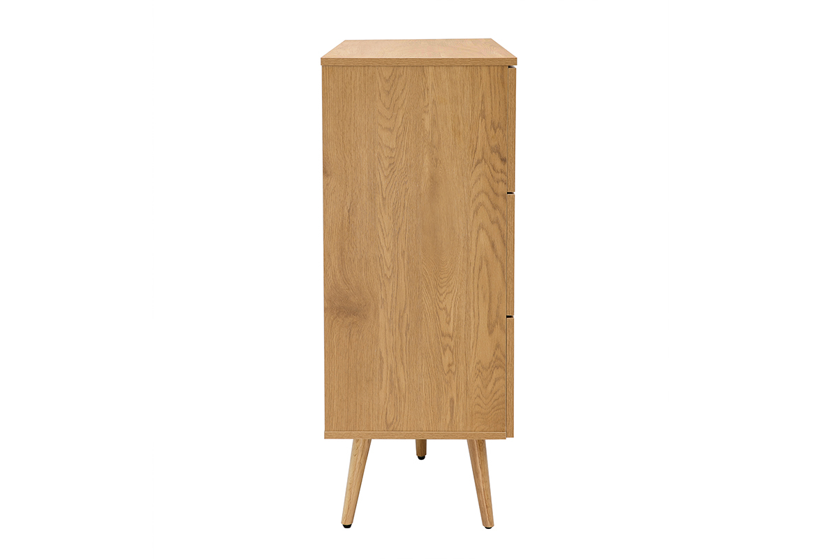 Commode finition bois clair, cannage en rotin et m�tal noir 3 tiroirs L100 cm MANILLE