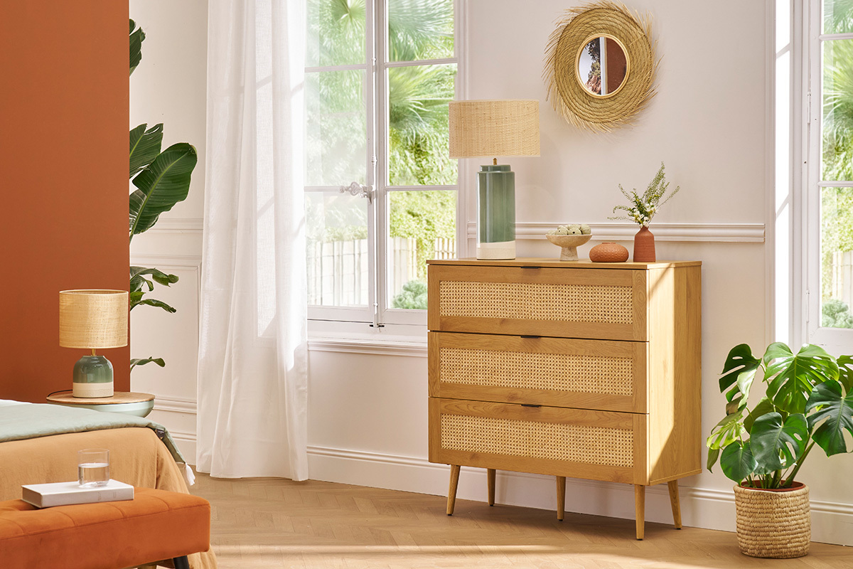 Commode finition bois clair, cannage en rotin et m�tal noir 3 tiroirs L100 cm MANILLE