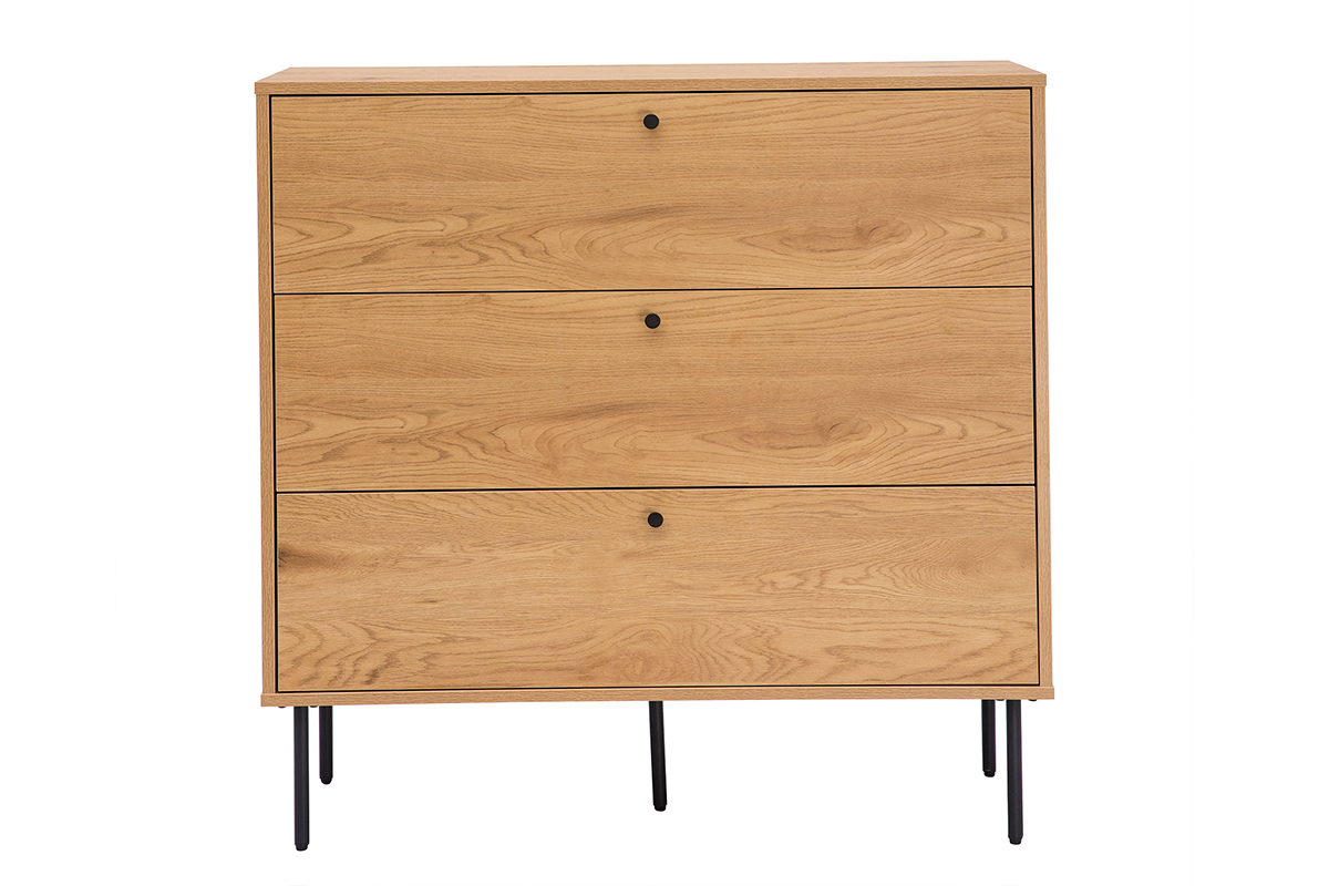 Commode finition bois clair ch�ne et pieds m�tal noir 3 tiroirs L100 cm PERNELLE