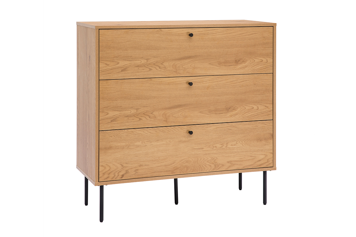 Commode finition bois clair ch�ne et pieds m�tal noir 3 tiroirs L100 cm PERNELLE