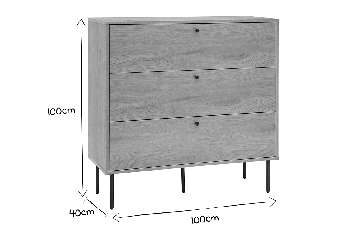Commode finition bois clair ch�ne et pieds m�tal noir 3 tiroirs L100 cm PERNELLE