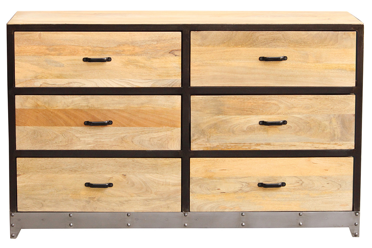 Commode industrielle en bois de manguier massif et m�tal noir avec 6 tiroirs, vue de face.