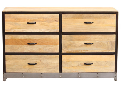 Commode industrielle en bois manguier massif et m&eacute;tal noir 6 tiroirs L130 cm INDUSTRIA