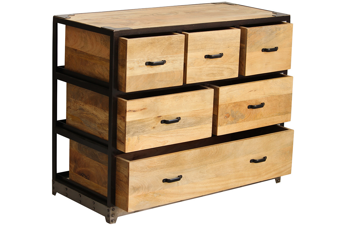 Commode industrielle en bois manguier massif et m�tal noir 6 tiroirs L99 cm INDUSTRIA