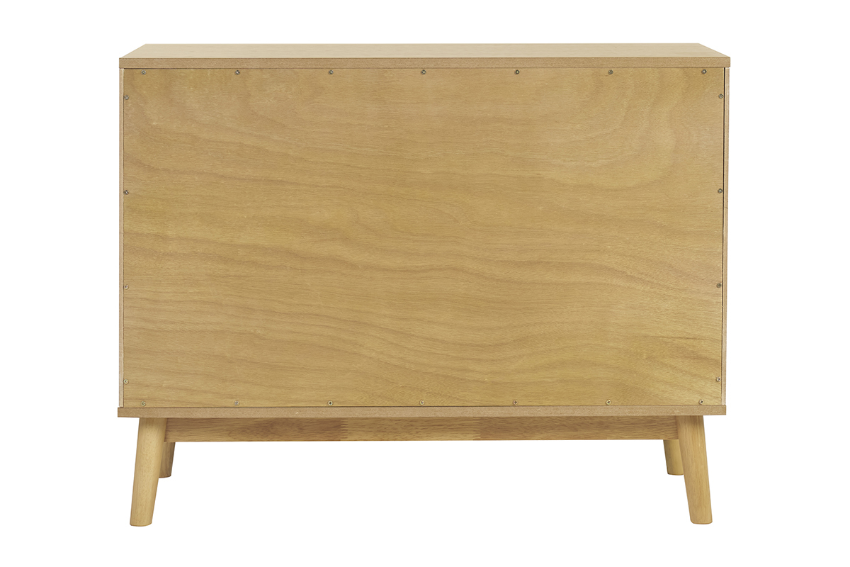 Vue arri�re de la commode scandinave en bois clair ch�ne avec pieds compas en h�v�a.