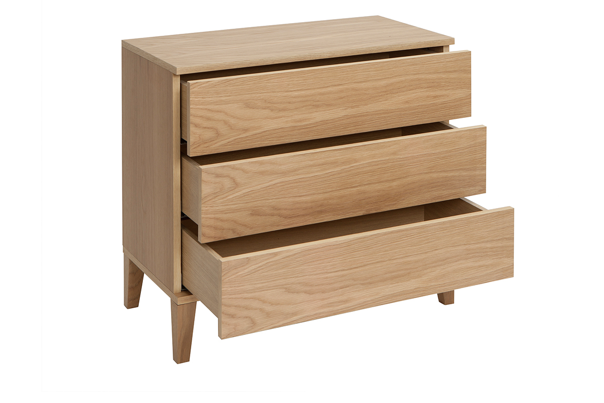 Commode en ch�ne clair 3 tiroirs ouverts vue de c�t�.