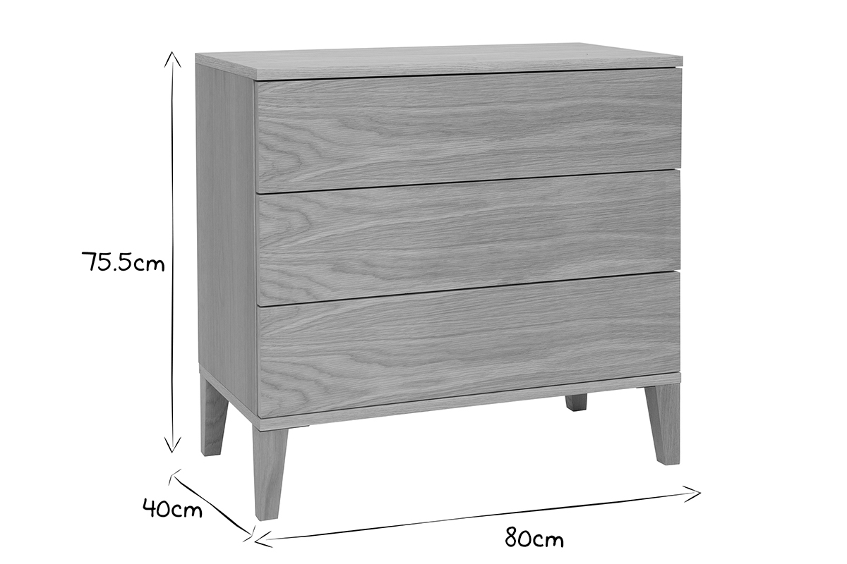 Commode scandinave en bois clair avec dimensions L80 x P40 x H75.5 cm, vue de profil en noir et blanc.