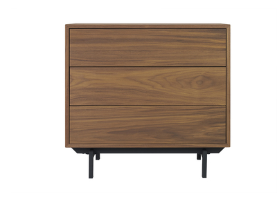 Commode vintage en bois fonc&eacute; noyer et m&eacute;tal noir 3 tiroirs L81 cm MANNY