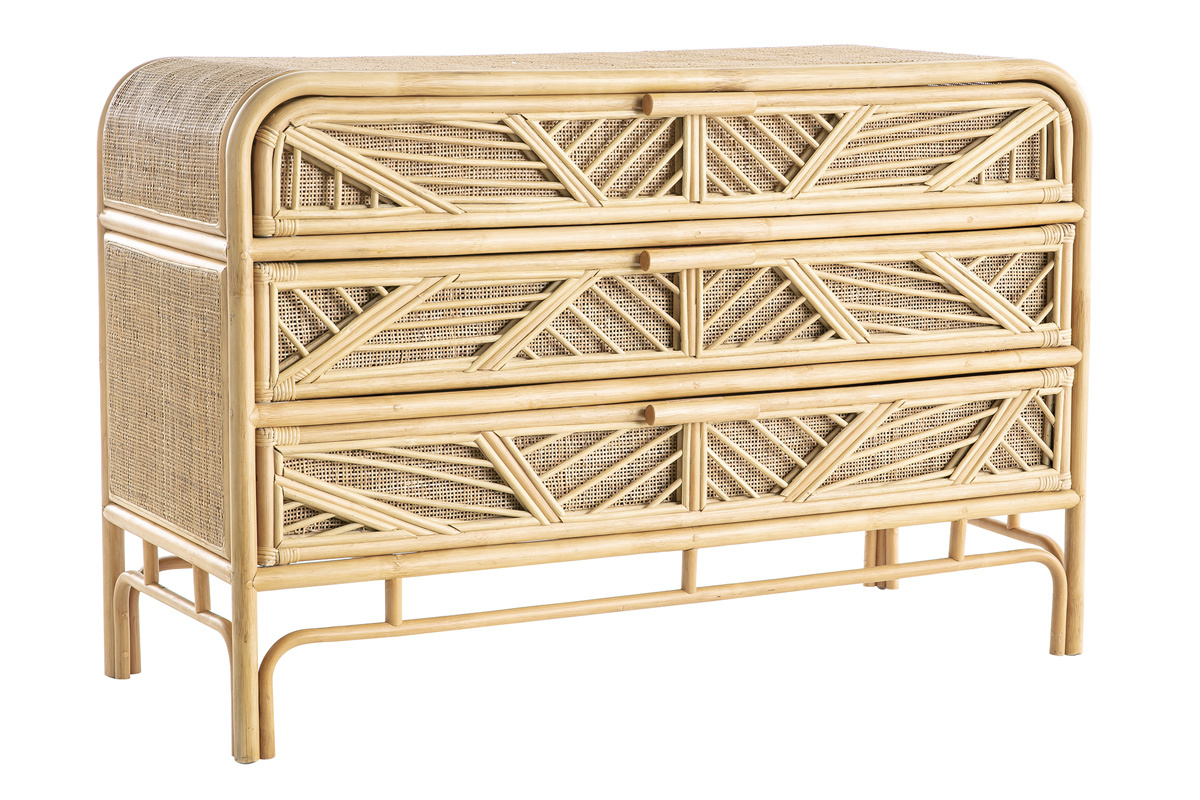 Commode vintage en rotin � 3 tiroirs, vue de 3/4, L120 cm GALON