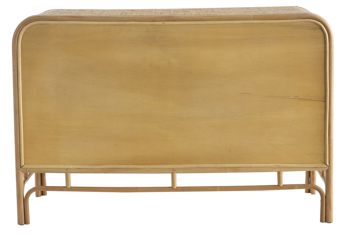 Dos de la commode vintage en rotin de 3 tiroirs GALON, L120 cm.