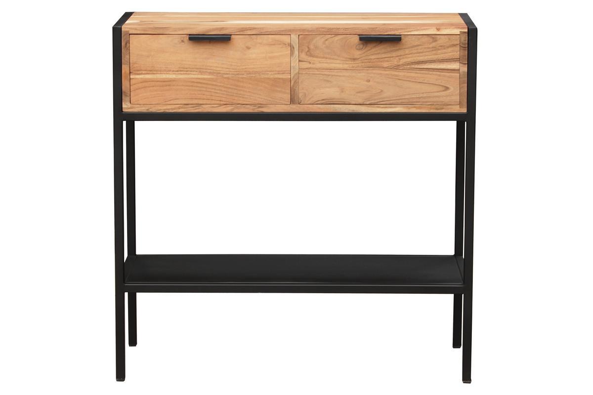 Console avec rangements 2 tiroirs en bois massif et m�tal noir L80 cm ARTHUS