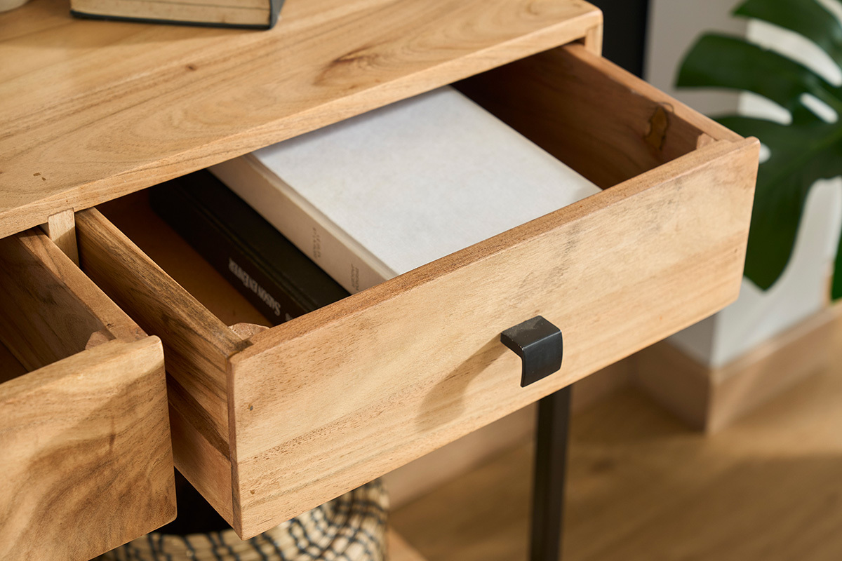 Console avec rangements 2 tiroirs en bois massif et m�tal noir L80 cm AXELLE