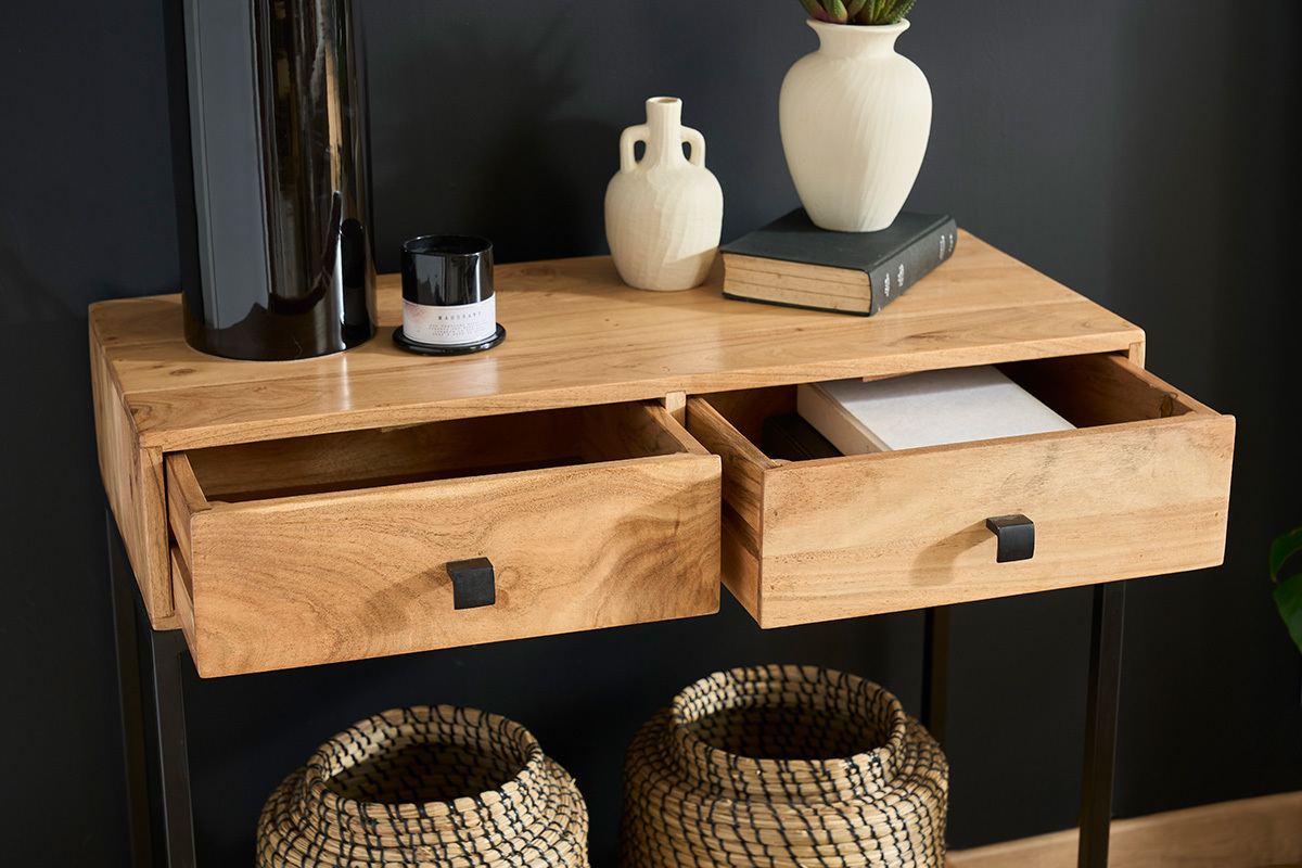 Console avec rangements 2 tiroirs en bois massif et m�tal noir L80 cm AXELLE