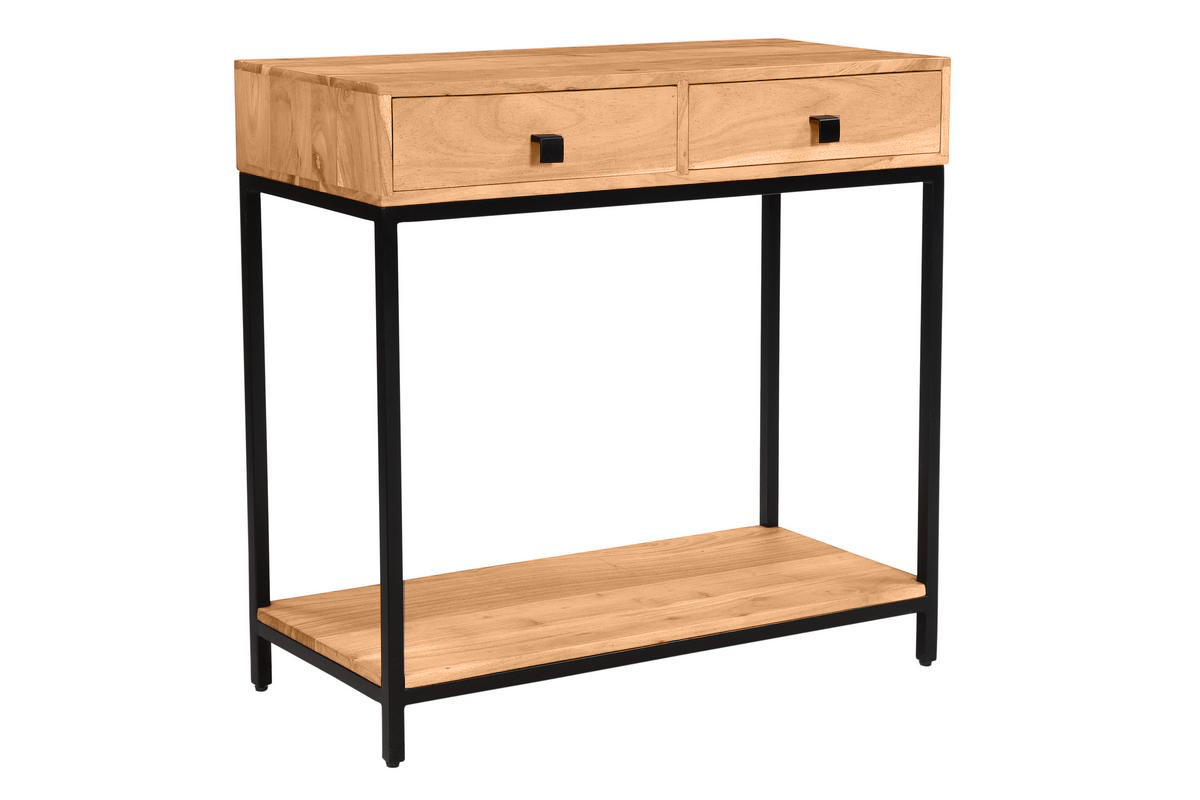 Console avec rangements 2 tiroirs en bois massif et m�tal noir L80 cm AXELLE