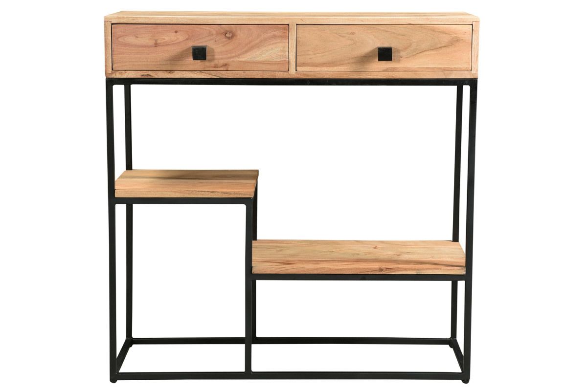 Console avec rangements 2 tiroirs en bois massif et m�tal noir L80 cm GRENELLE