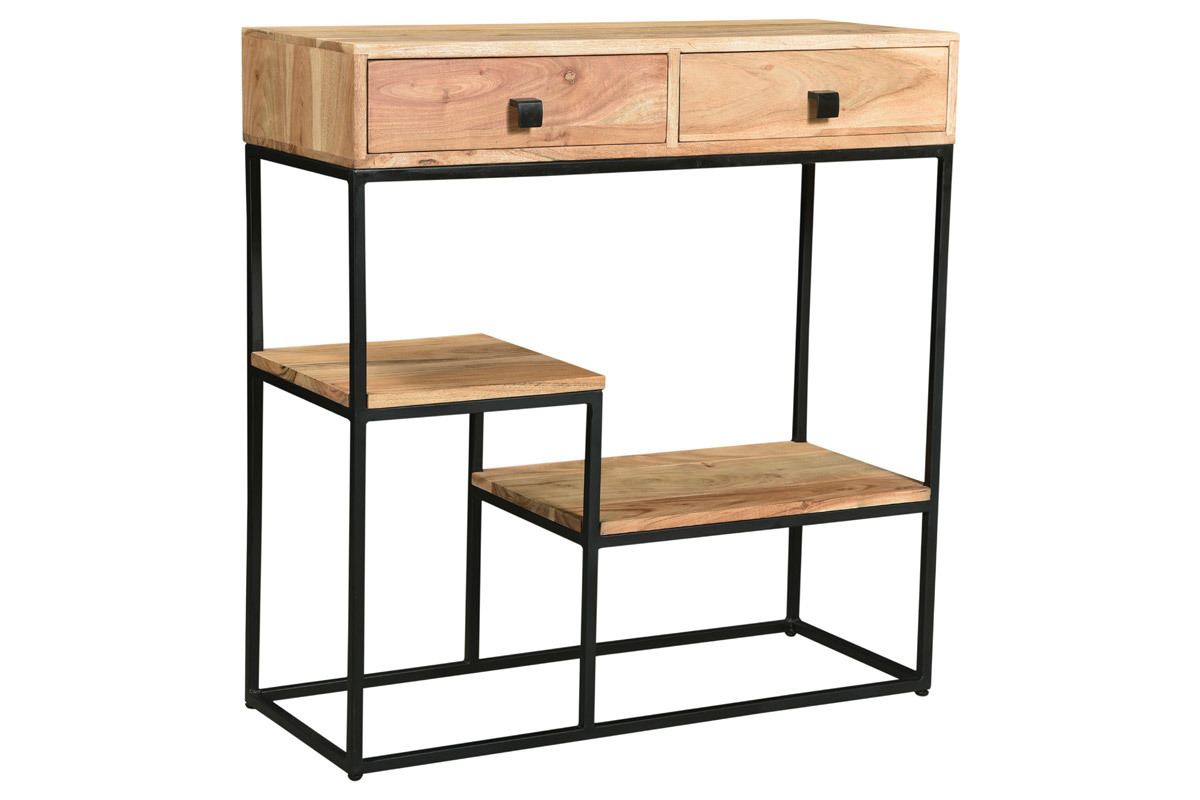 Console avec rangements 2 tiroirs en bois massif et m�tal noir L80 cm GRENELLE