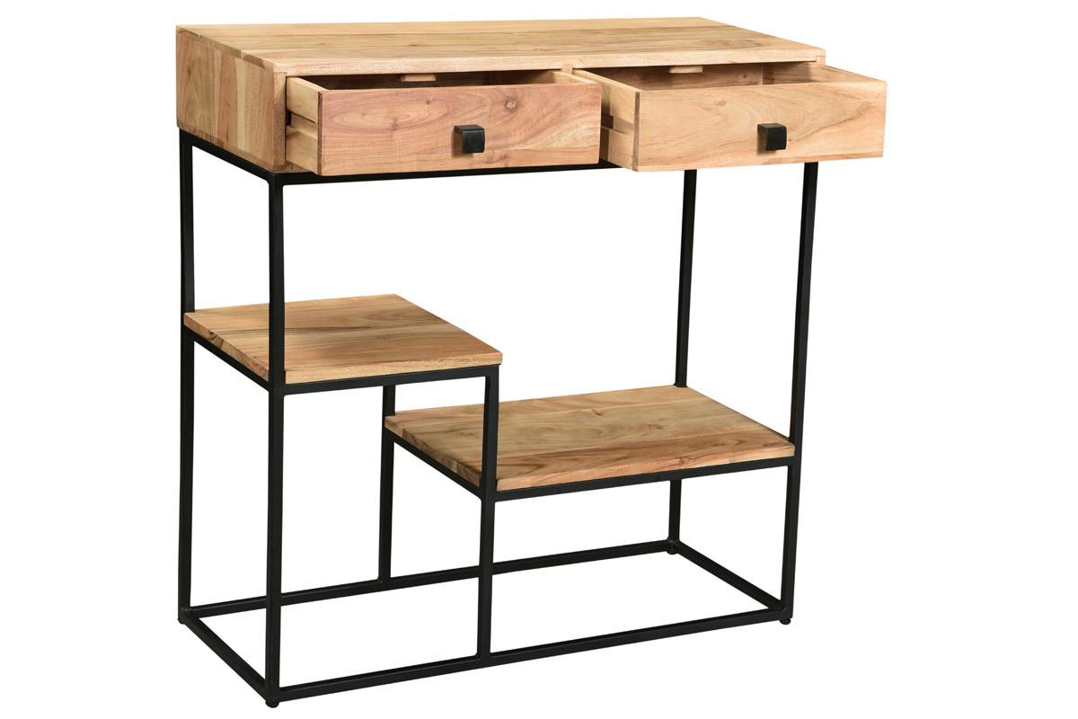 Console avec rangements 2 tiroirs en bois massif et m�tal noir L80 cm GRENELLE