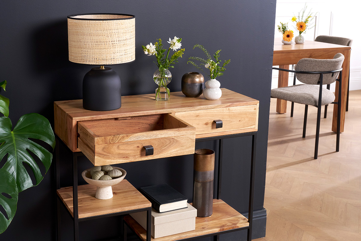 Console avec rangements 2 tiroirs en bois massif et m�tal noir L80 cm GRENELLE