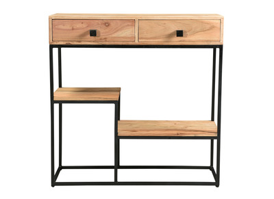 Console avec rangements 2 tiroirs en bois massif et m&eacute;tal noir L80 cm GRENELLE