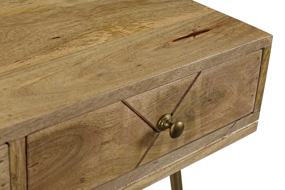 Console avec rangements 3 tiroirs en bois manguier massif grav� et m�tal dor� L120 cm LINIUM