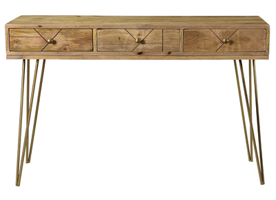 Console avec rangements 3 tiroirs en bois manguier massif grav&eacute; et m&eacute;tal dor&eacute; L120 cm LINIUM
