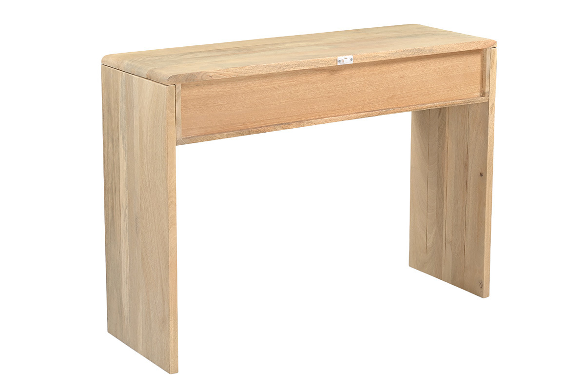 Console en bois clair manguier massif L105 cm avec rangements et tiroir, vue de dos.