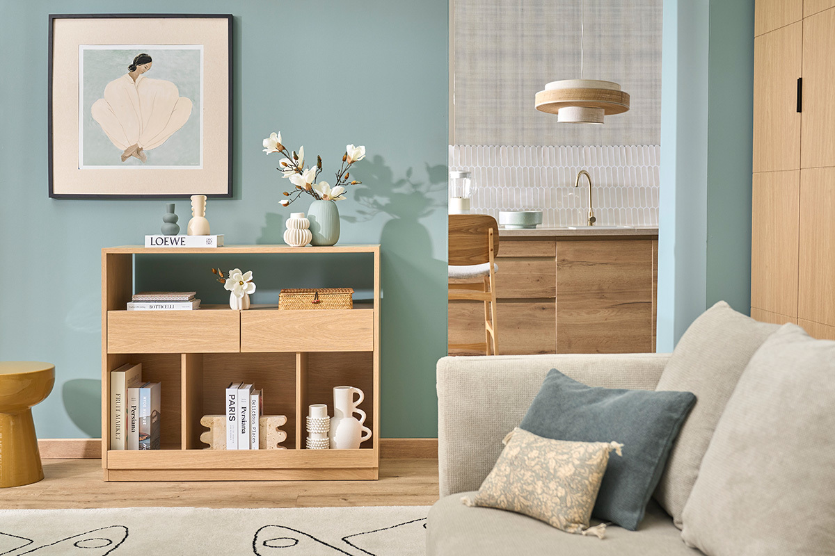 Console avec tiroirs finition bois clair ch�ne L100 cm RUBINA