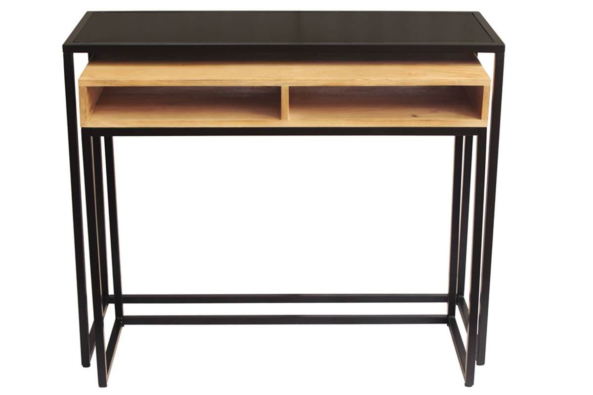 Console bureau d'appoint avec rangements casiers en bois manguier massif et m�tal noir L100 cm YPKA