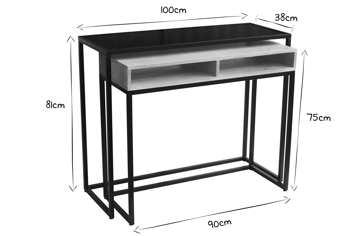 Console bureau d'appoint avec rangements casiers en bois manguier massif et m�tal noir L100 cm YPKA