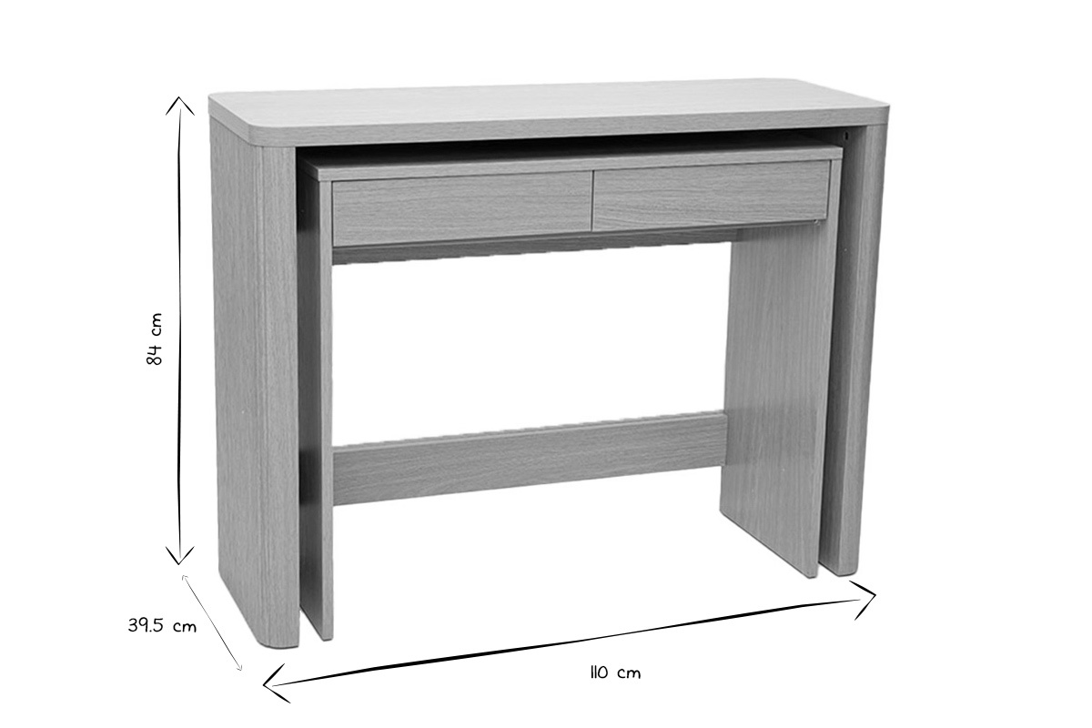 Dimensions de la console bureau ENOLA en noir et blanc : L110 cm, H84 cm, P39,5 cm.