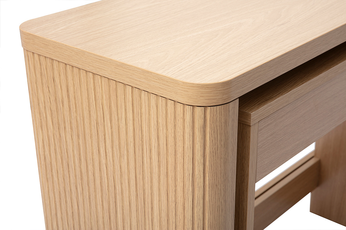 Console bureau d'appoint bois clair ch�ne, vue en d�tail du plateau et d'un tiroir